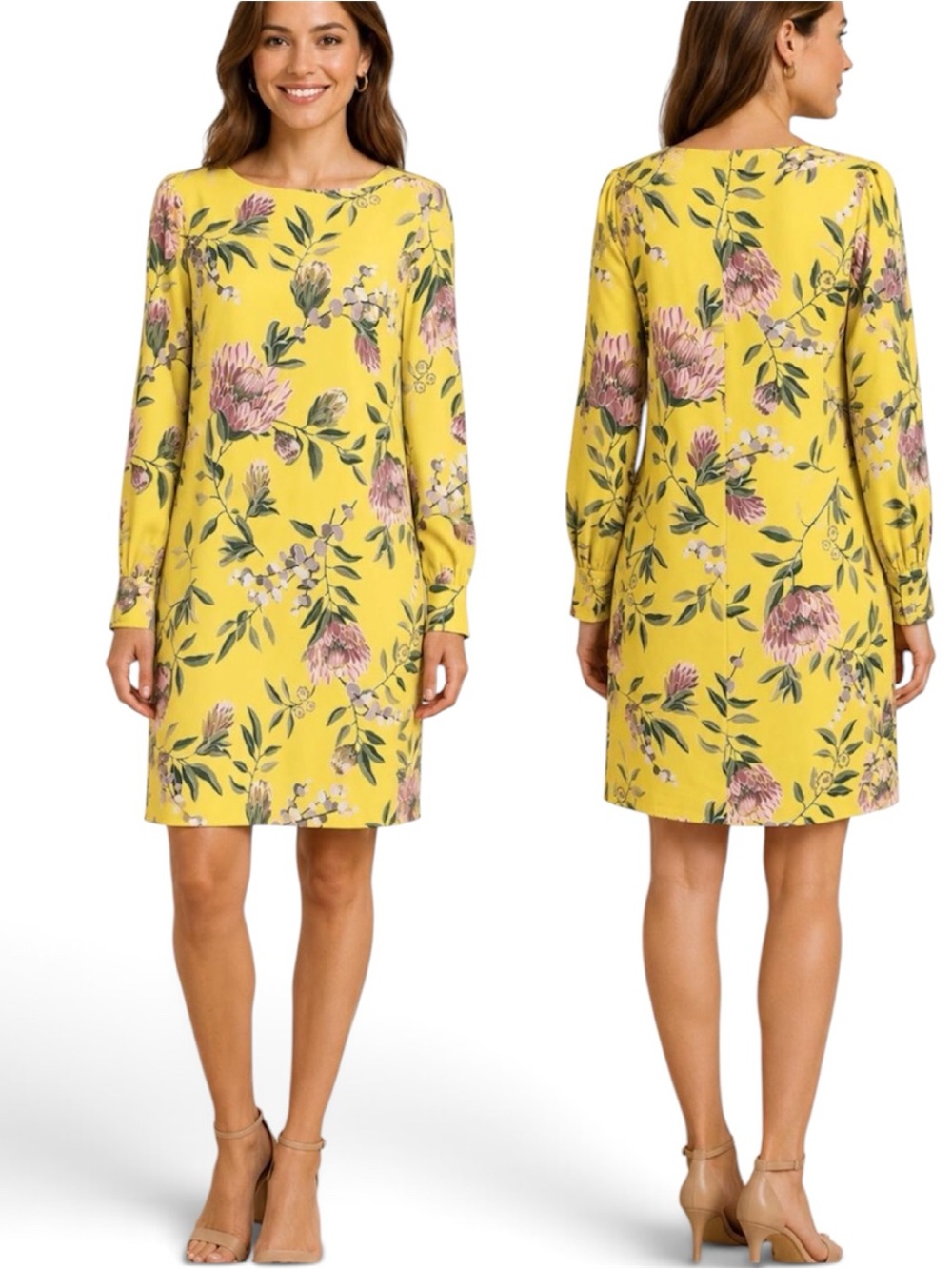Loft Botanical Floral Yellow Long Sleeve Shift Dress Boatneck Size 4 NWT